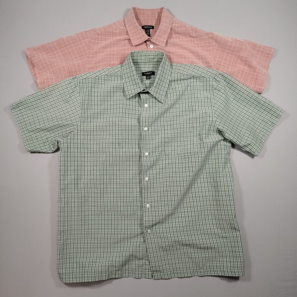 Van Heusen Button Down Mens L Green Pink Plaid Check Short Sleeve Poly Rayon 2pk